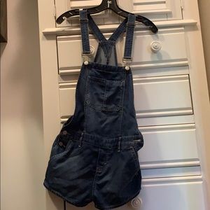 Dark denim short overalls